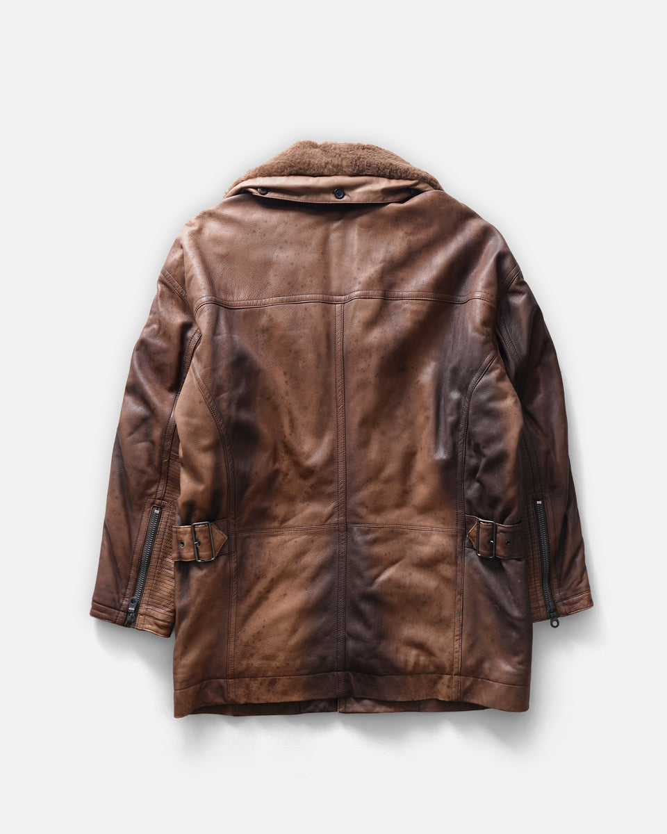 ISSEY MIYAKE Brush Tag Leather Removable Boa Collar Coat 1980's