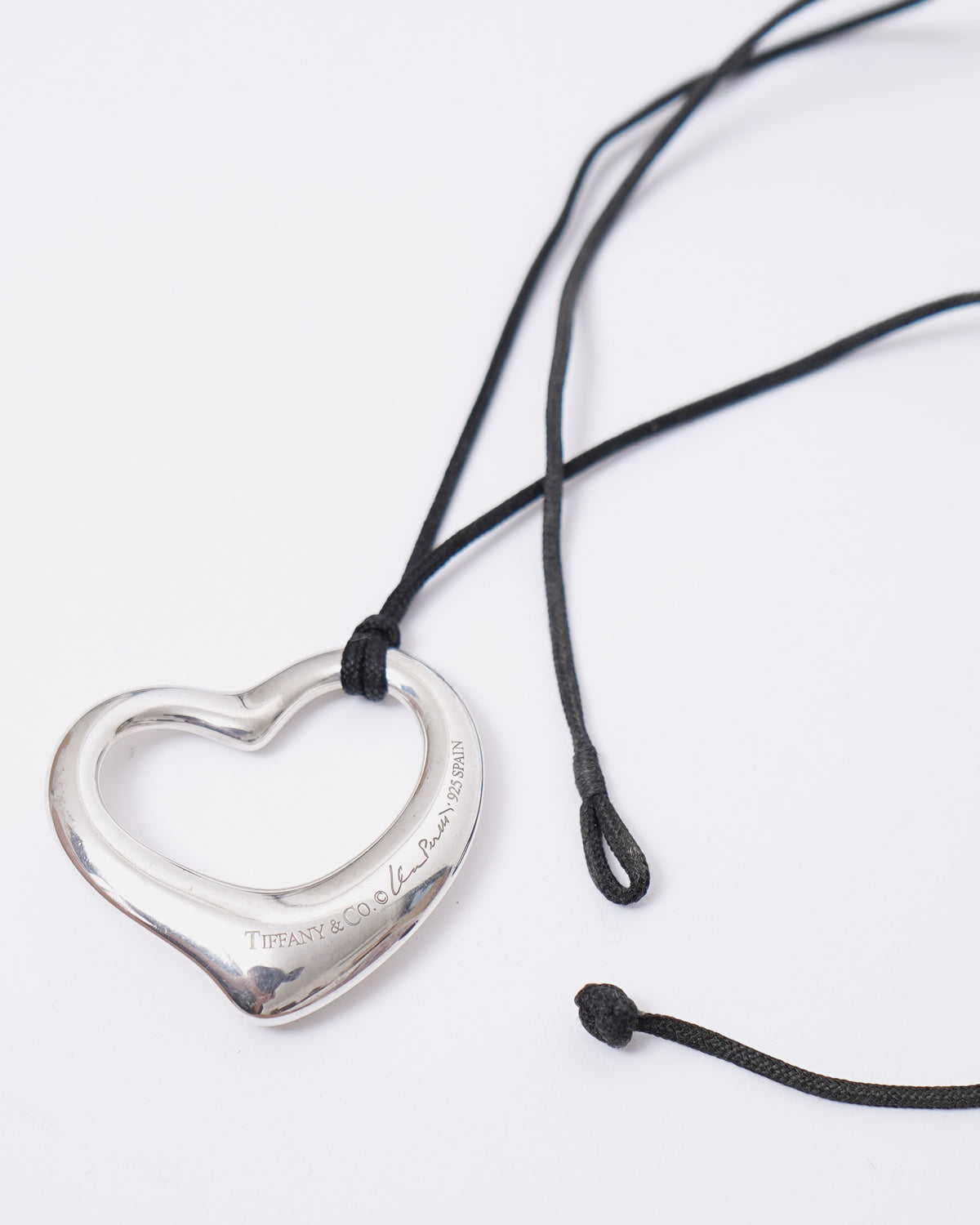 Silver Open Heart Necklace w/ Silk Cord