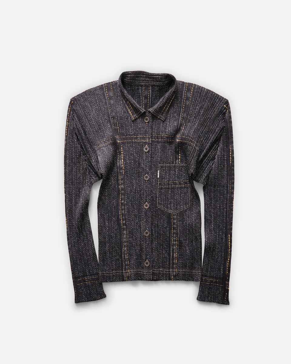 PLEATS PLEASコットン混 デニム風長袖シャツ トップス インディゴ 3 PLEATS PLEASコットン混 デニム風長袖シャツ トップス インディゴ 3の