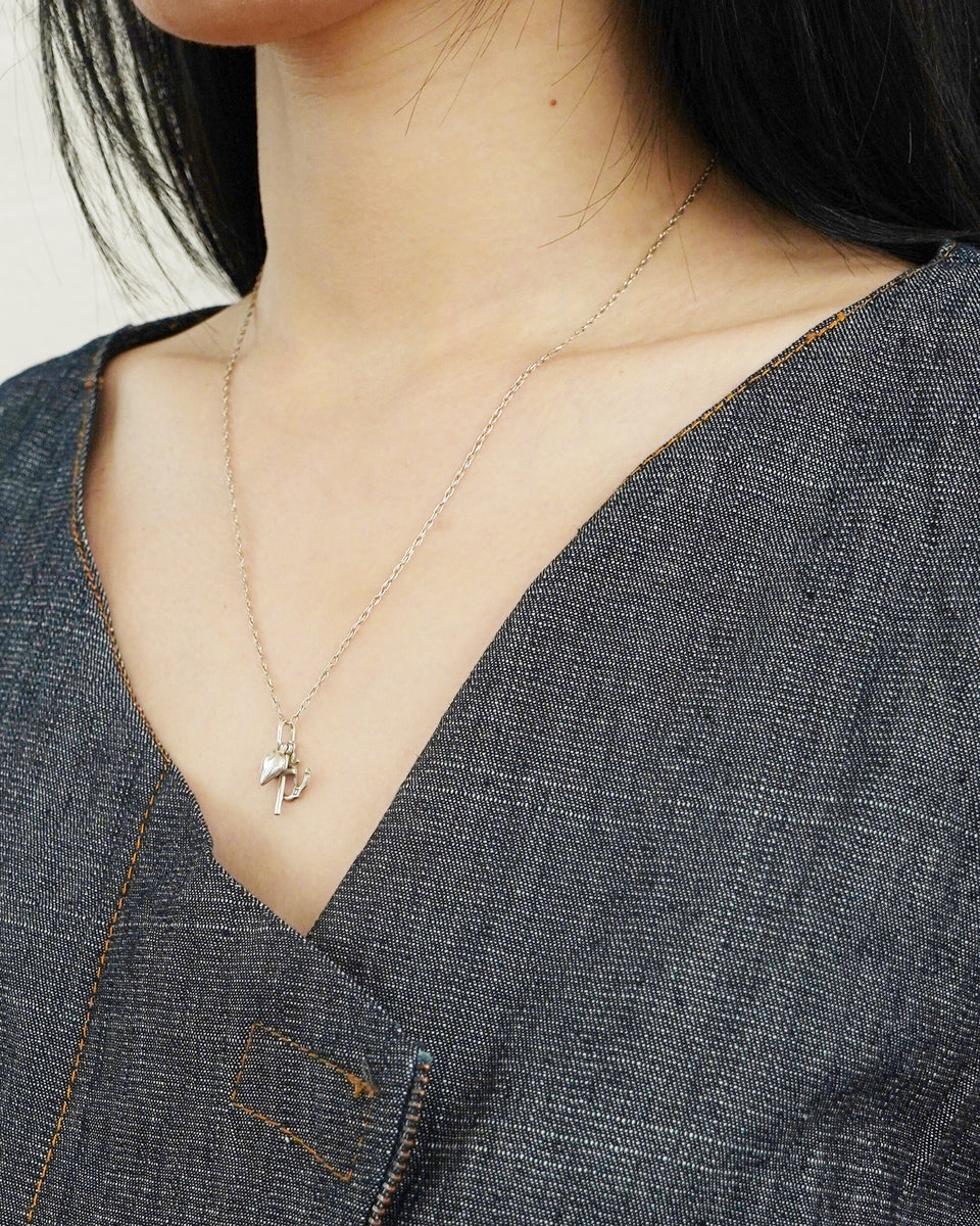 Silver Chain Necklace w/ Heart, Cross & Anchor Charm – Front