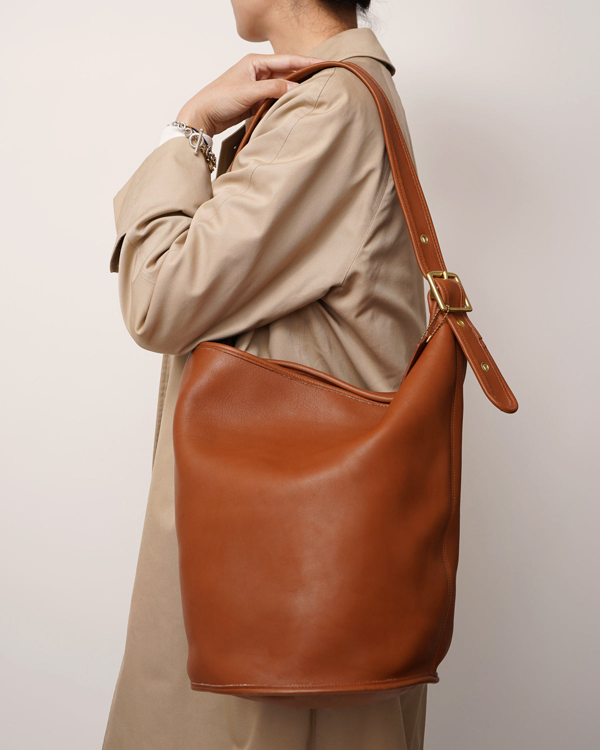Brown Leather Bucket Shoulder Bag