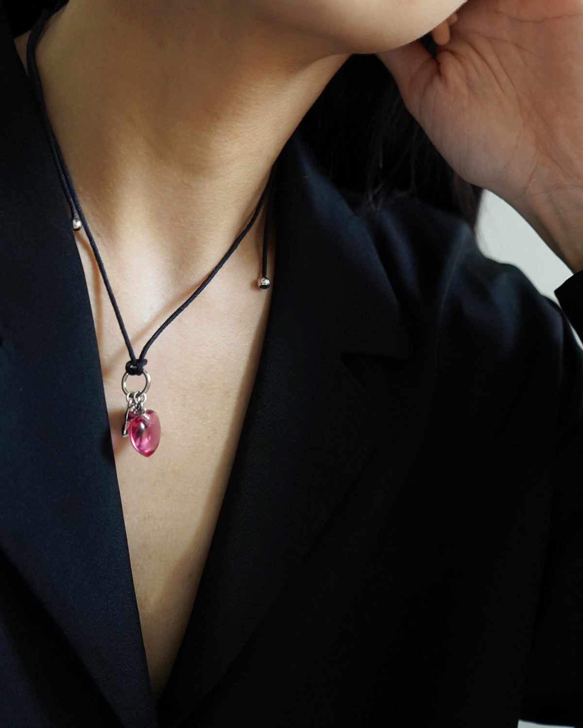 chrystal Glass x Silver Two Hearts Necklace