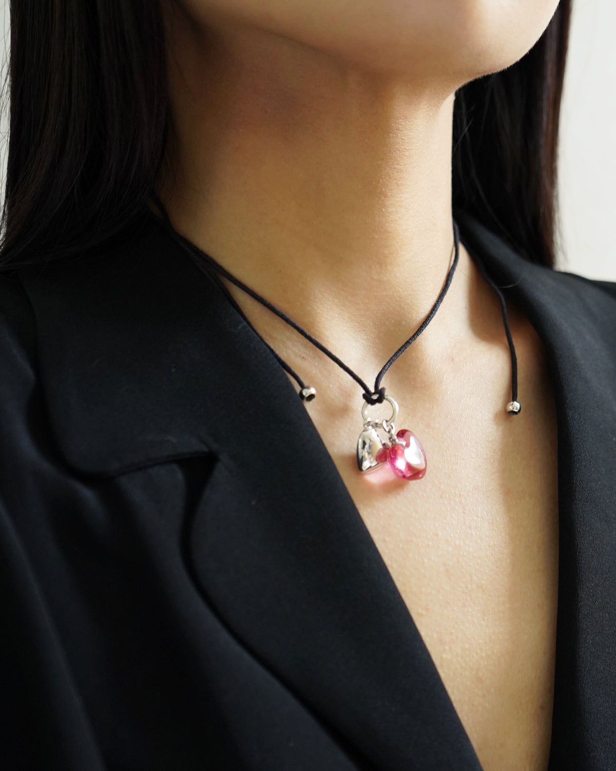 chrystal Glass x Silver Two Hearts Necklace