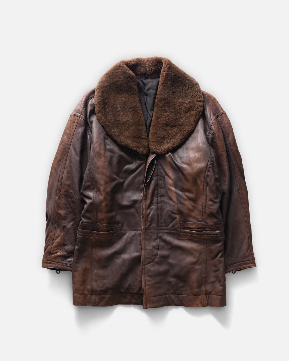 ISSEY MIYAKE Brush Tag Leather Removable Boa Collar Coat 1980's