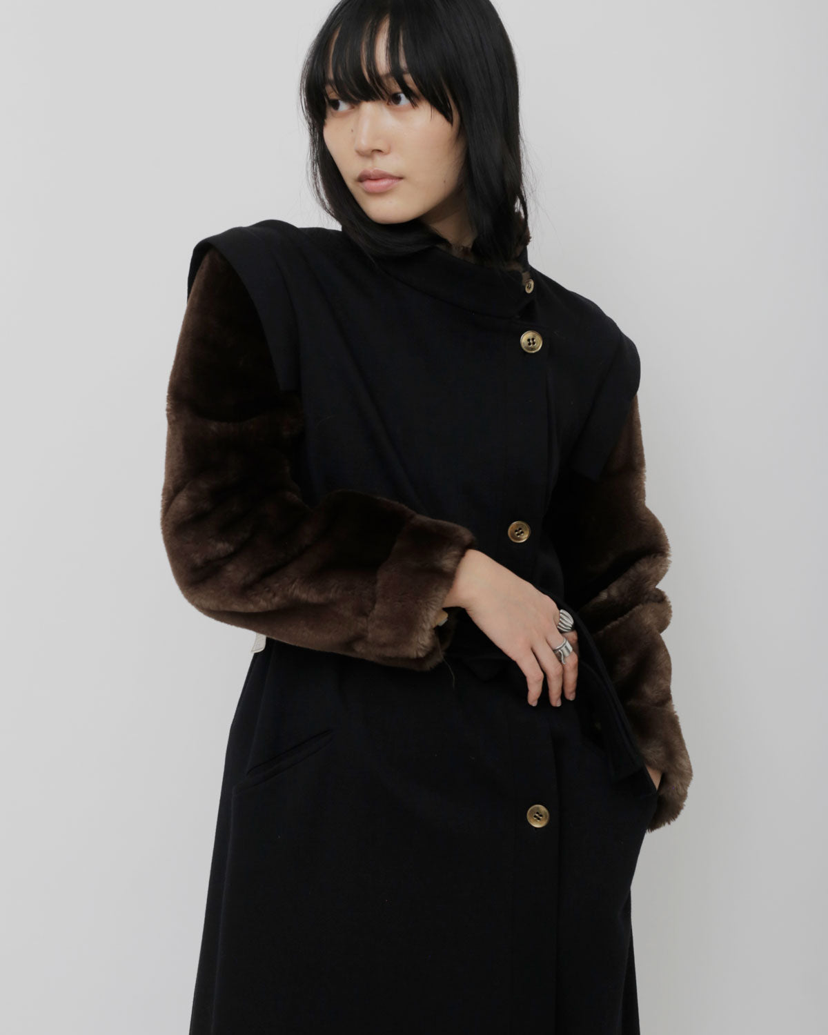 Nos Faux Fur Sleeve Wool Coat