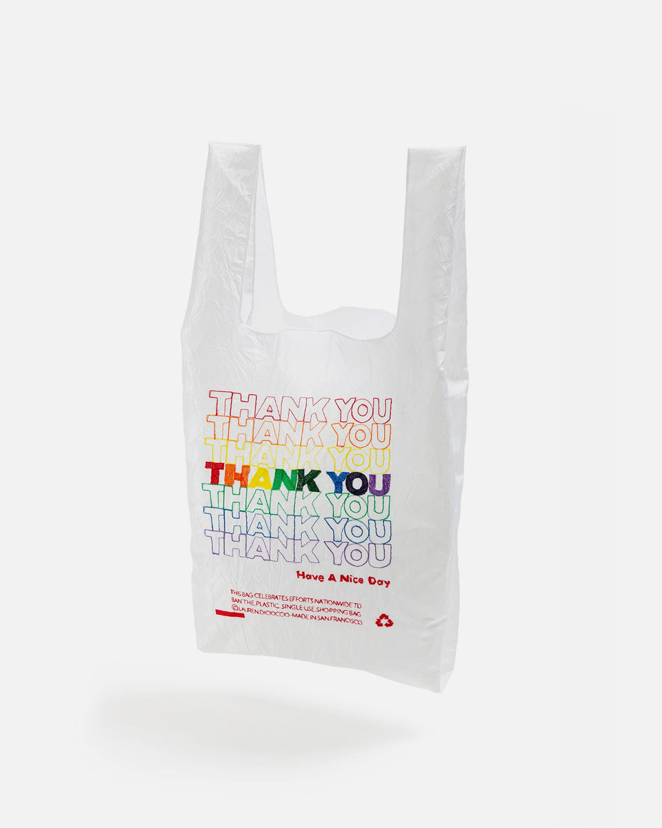 THANK YOU THANK YOU TOTE / RED THREAD ON WHITE TAFFETA