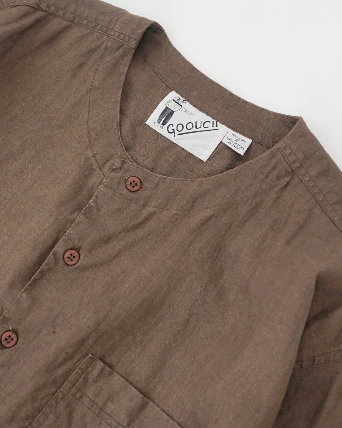 Washed Linen Collarless L/S Shirt / Brown