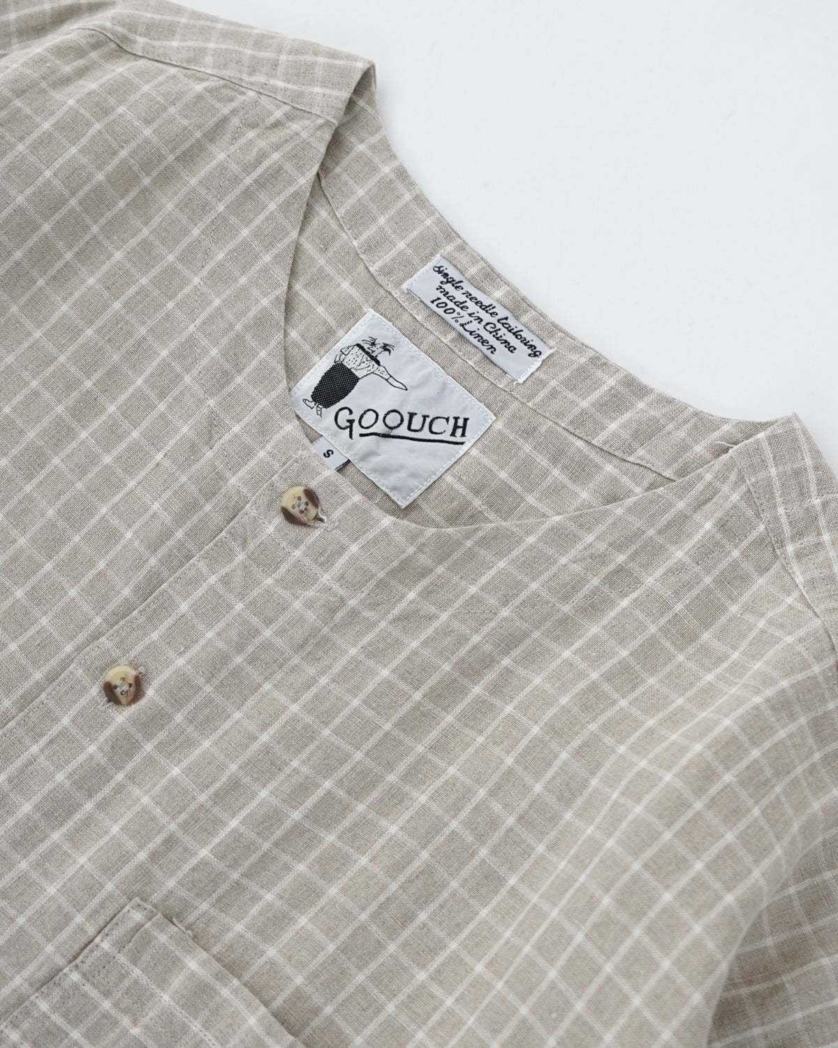 Linen Collarless S/S Shirt / Checked