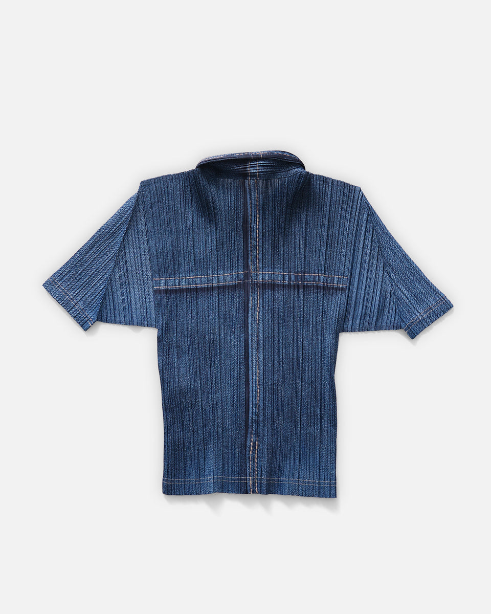 Issey Miyake Pleats Please Denim Printed S/S Shirt Rare Made in