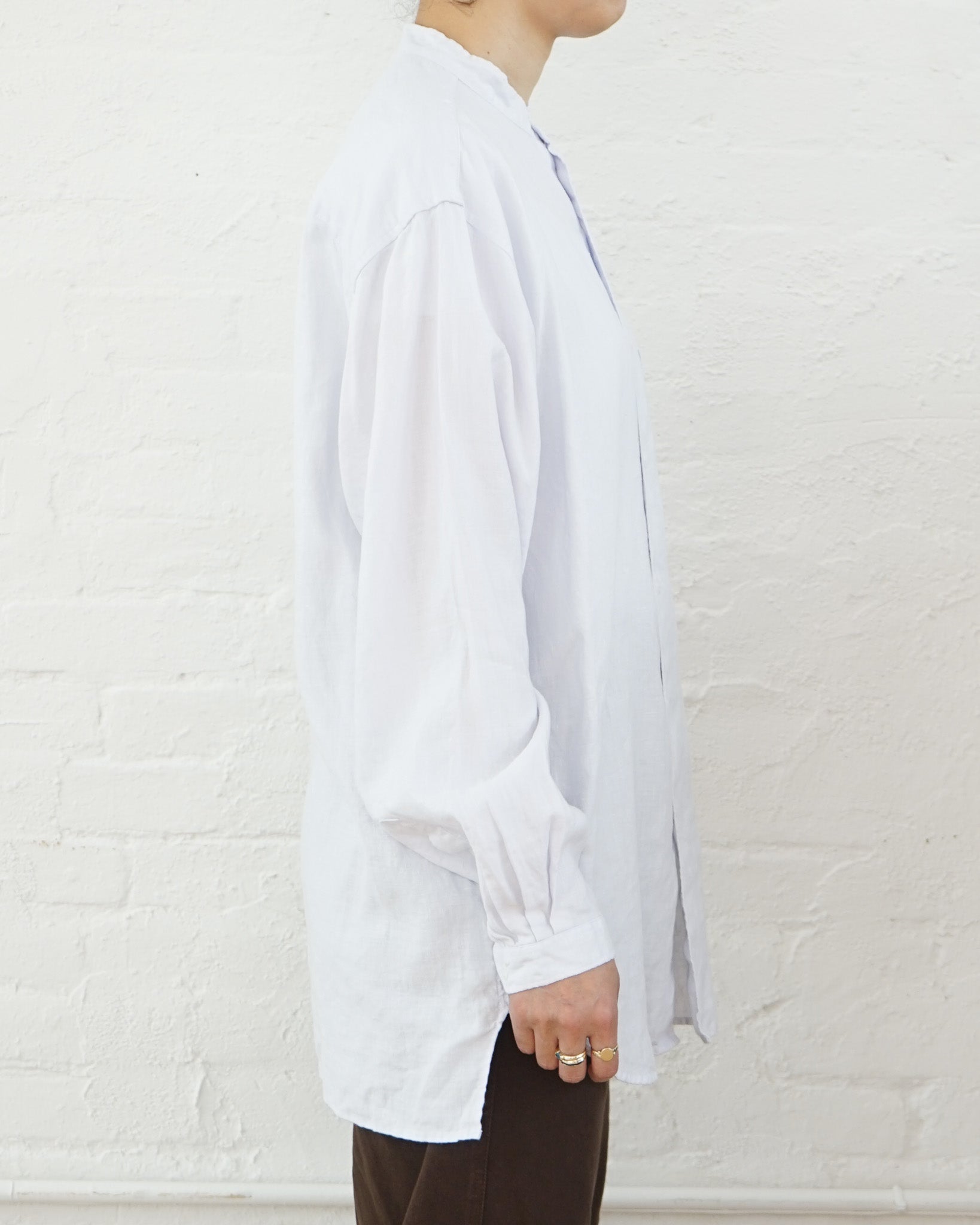 Washed Linen Collarless L/S Shirt / White