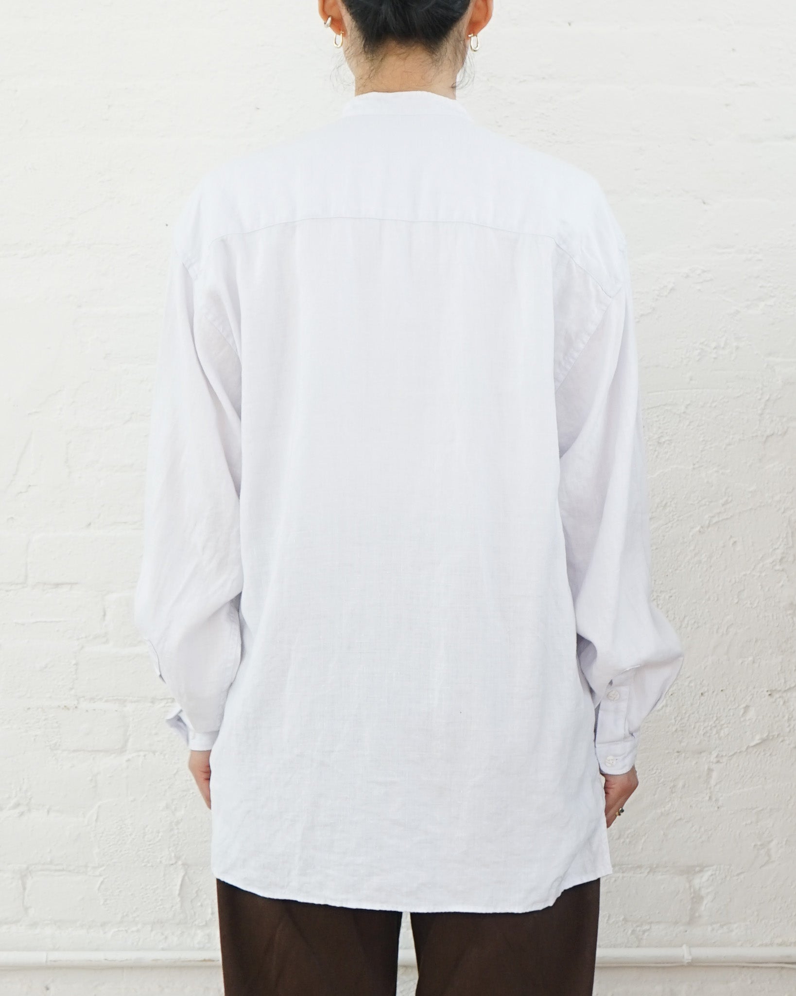 Washed Linen Collarless L/S Shirt / White