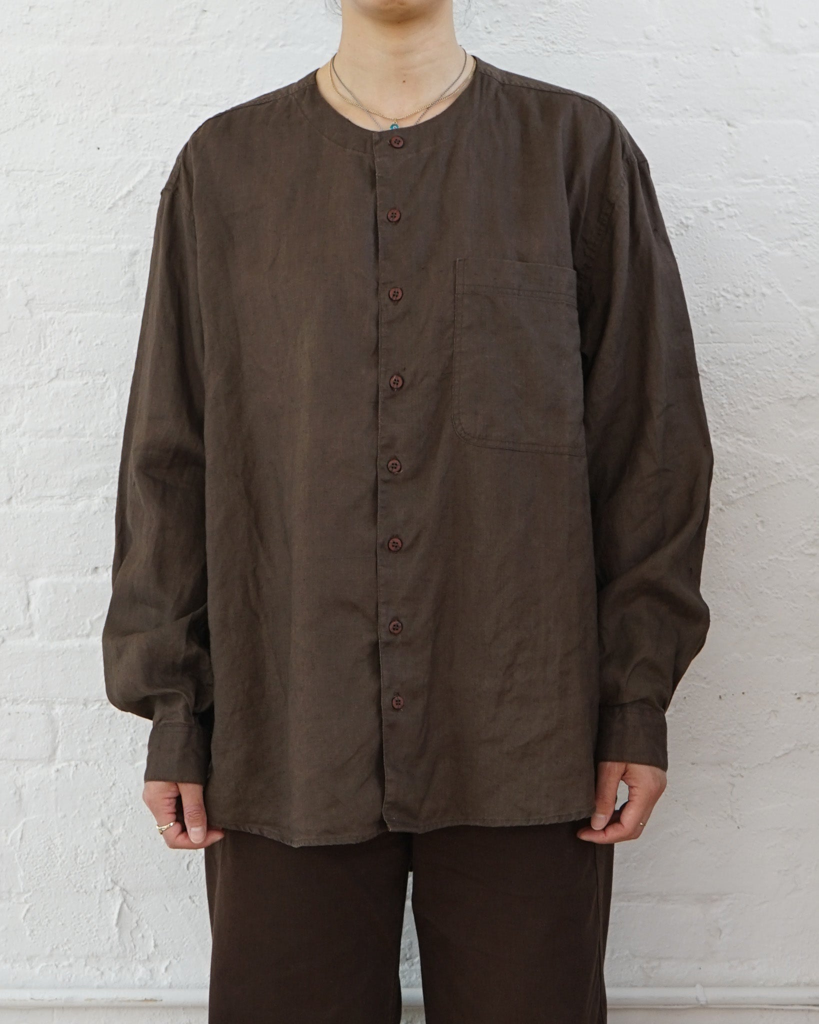 Washed Linen Collarless L/S Shirt / Brown