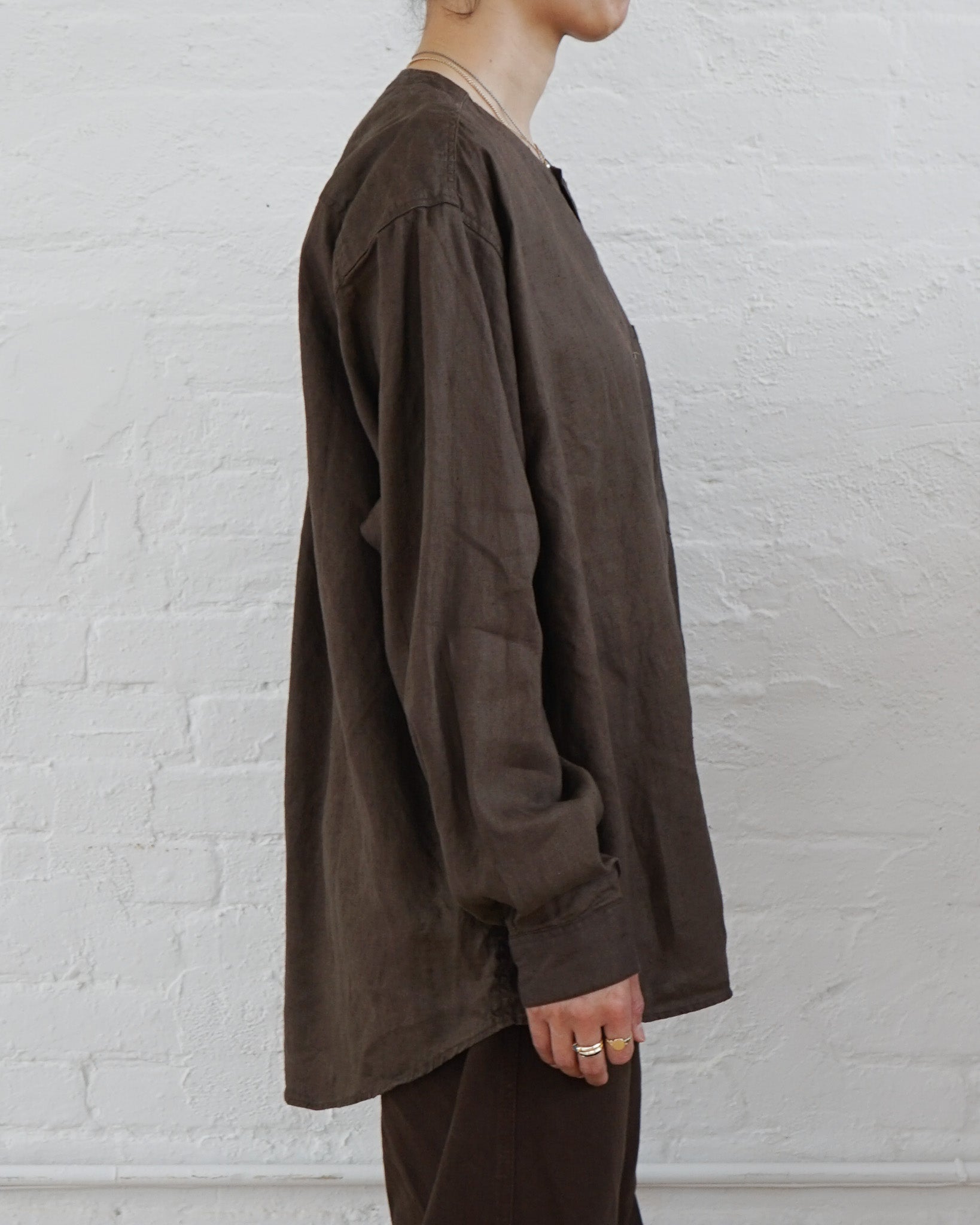 Washed Linen Collarless L/S Shirt / Brown