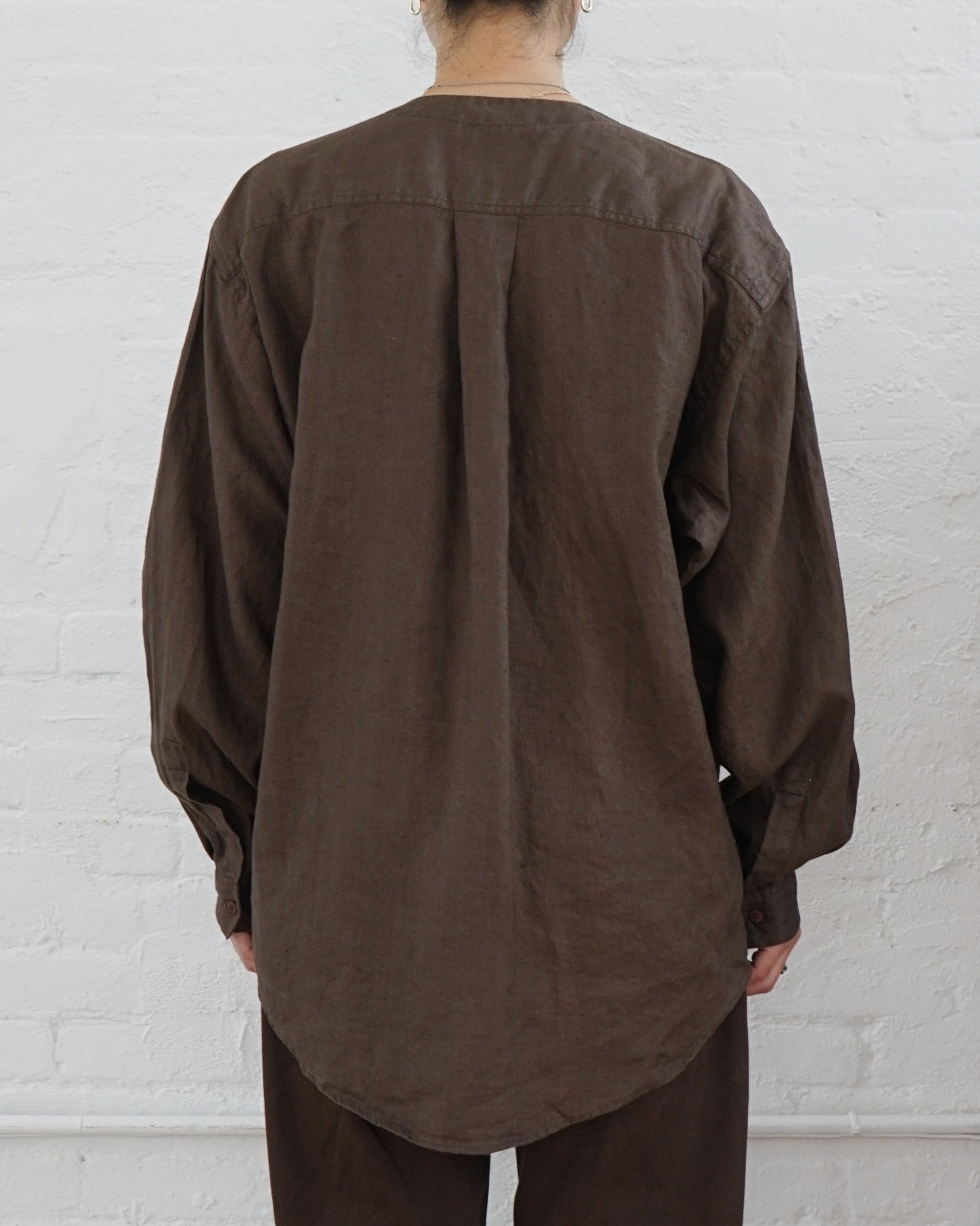 Washed Linen Collarless L/S Shirt / Brown