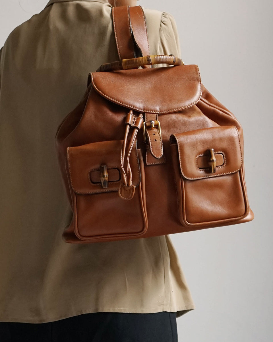 Gucci Brown Leather Backpack with Bamboo Handle Gucci Vintage Ruck Sack Backpack Bamboo Brown Leather - Etsy main image 4