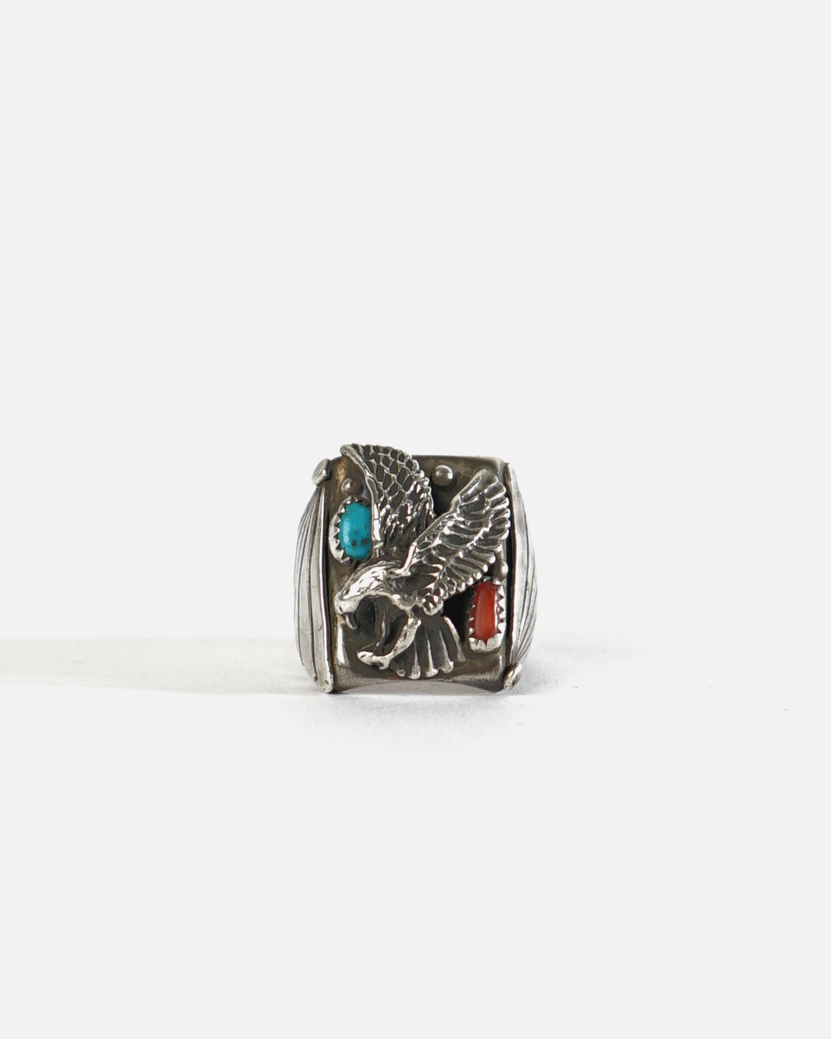 NAVAJO Silver x Turquoise / Red Coral Cast Ring / size: 11.5