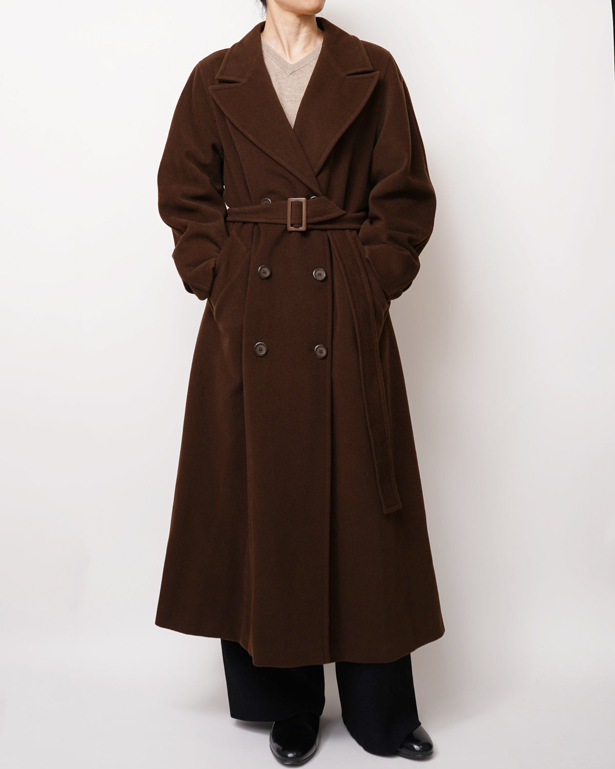 Brown Wool Double Breased Long Coat
