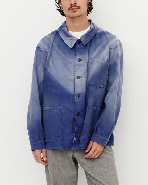 70s herringbone French work jacket 鬼fade 60s Style Mid Blue French Workwear Chore Jacket - Washed