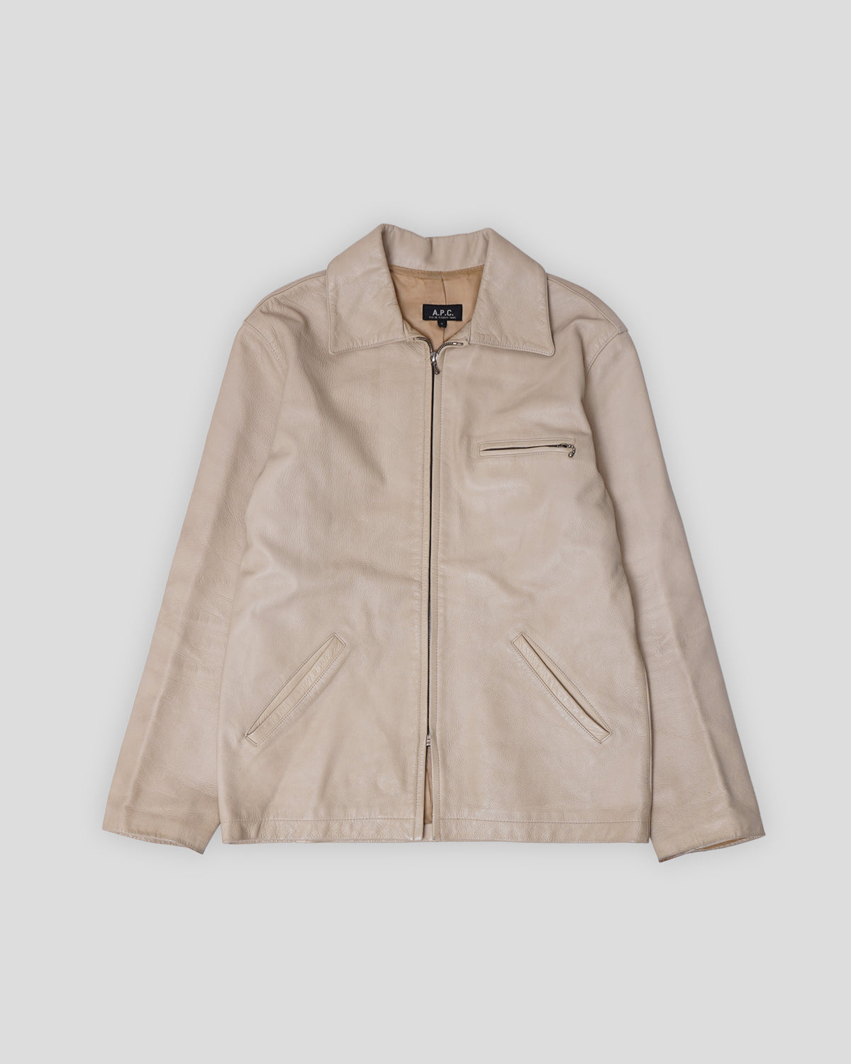 Beige Cow Leather Zip-Up Jacket