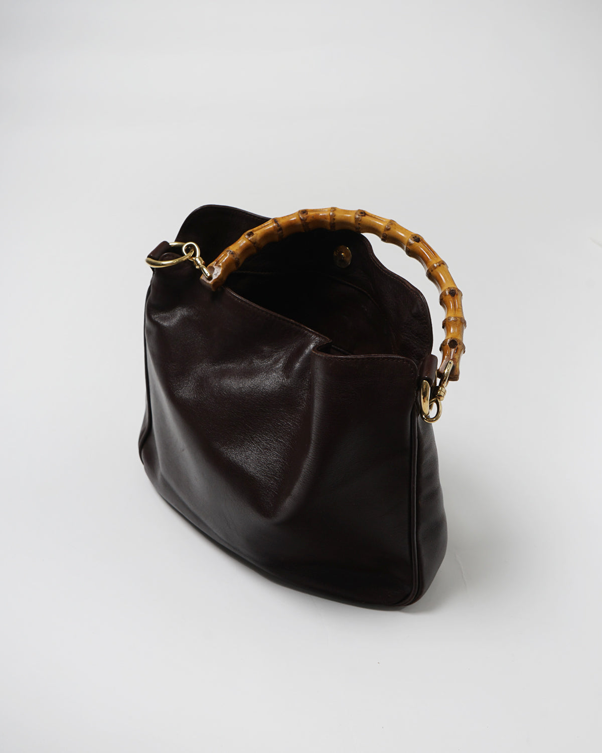 Brown Leather Bag Bamboo Handle