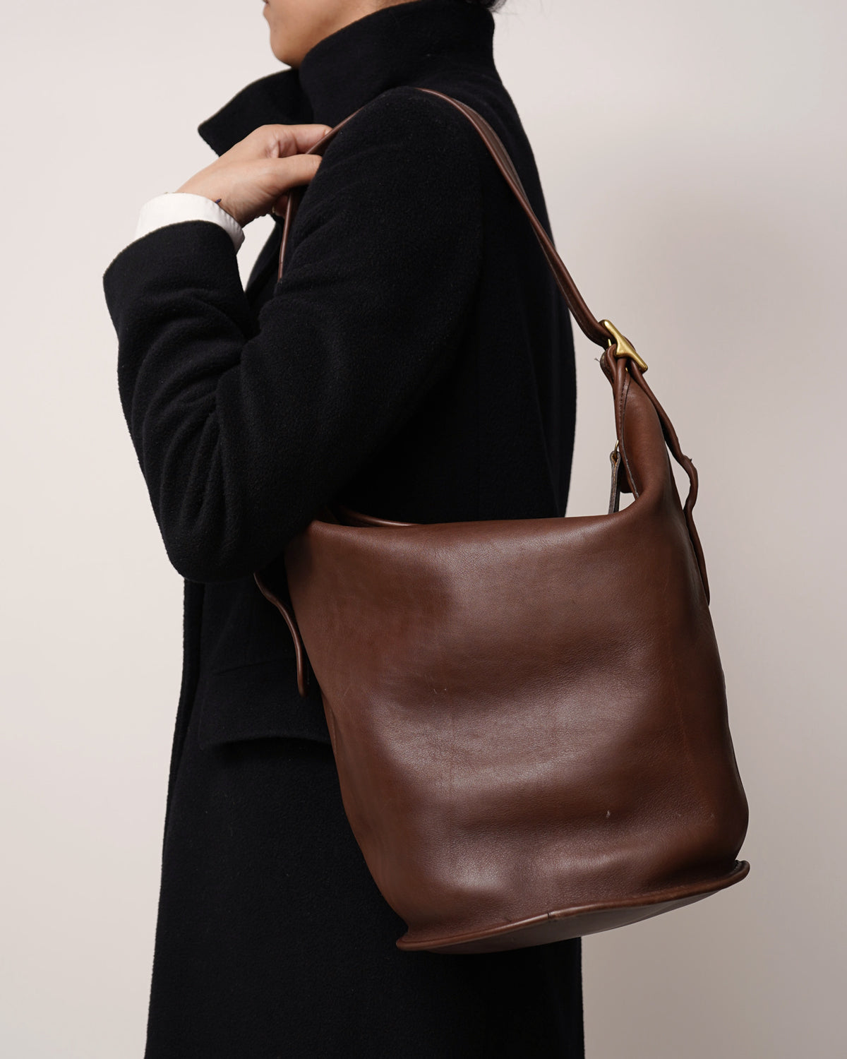 Brown Leather Bucket Shoulder Bag