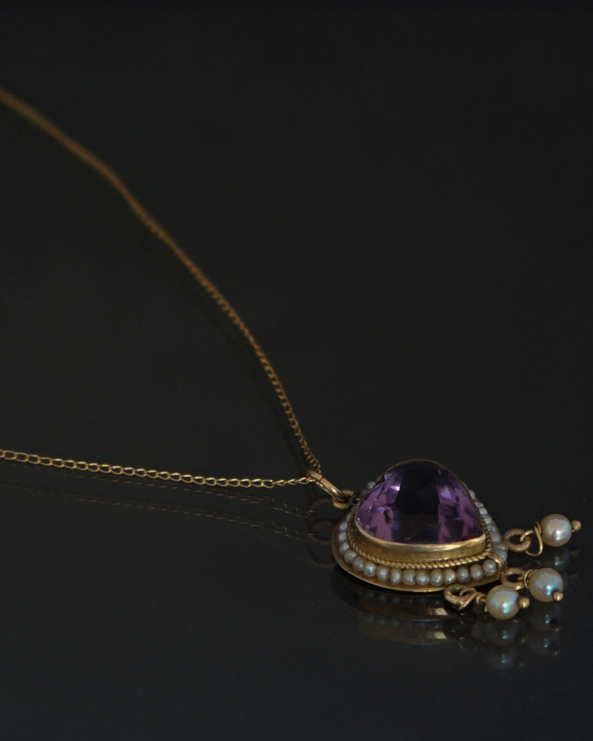 14k Gold Necklace w/ Amethyst x Pearl Heart Charm