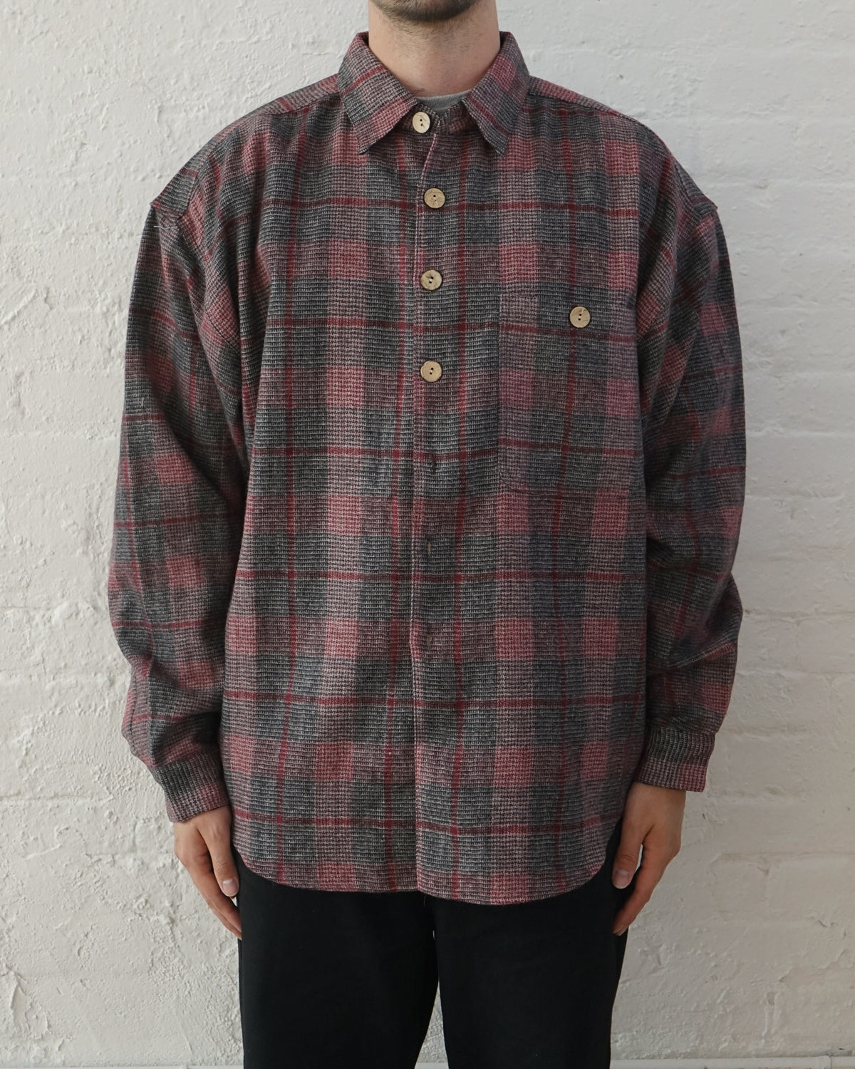 Wooden Button Plaid Wool Shirt