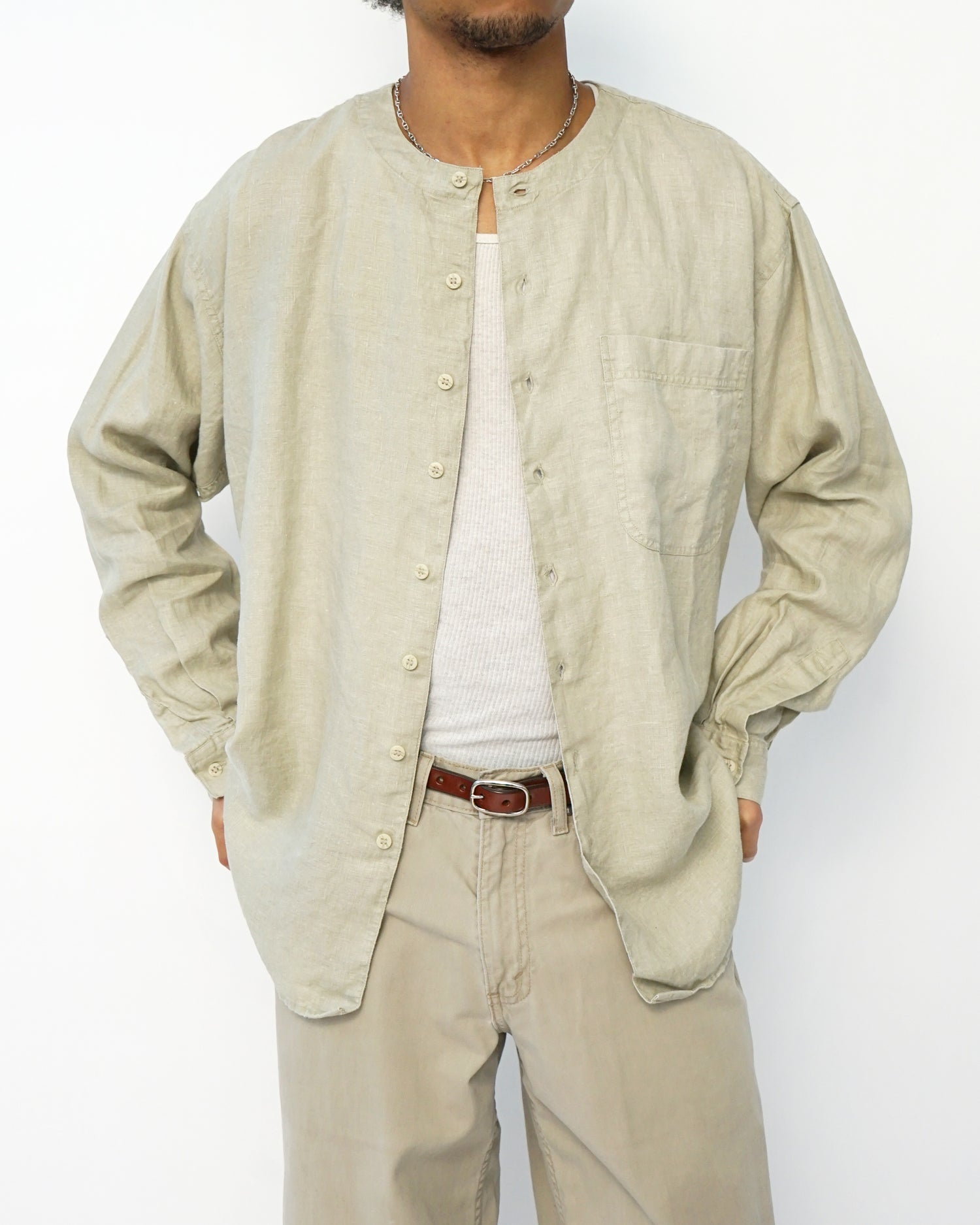 Washed Linen Collarless L/S Shirt / Natural M