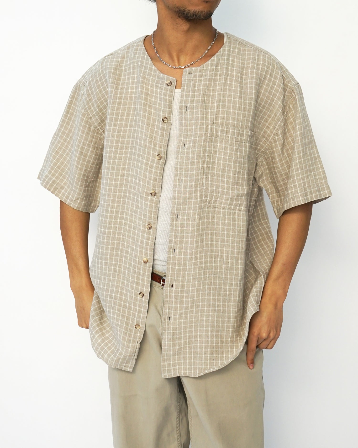 Linen Collarless S/S Shirt / Checked S Linen Collarless S/S Shirt / Checked S