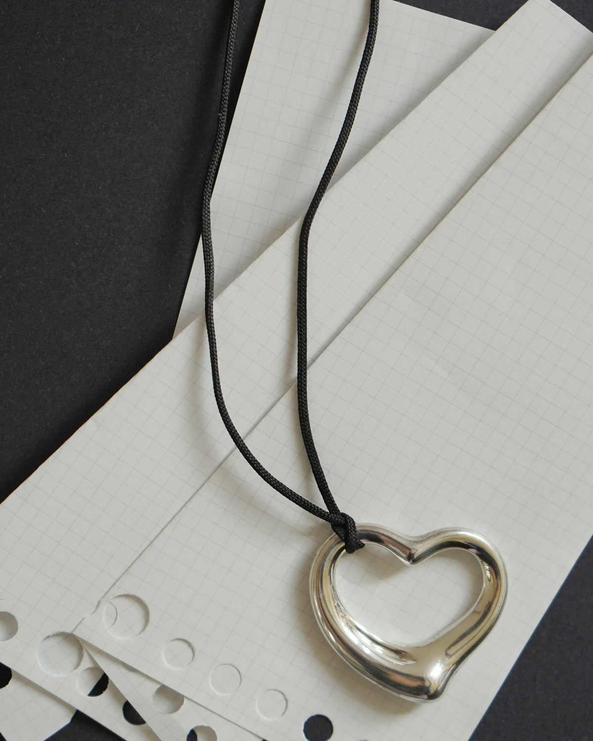 Silver Open Heart Necklace w/ Silk Cord