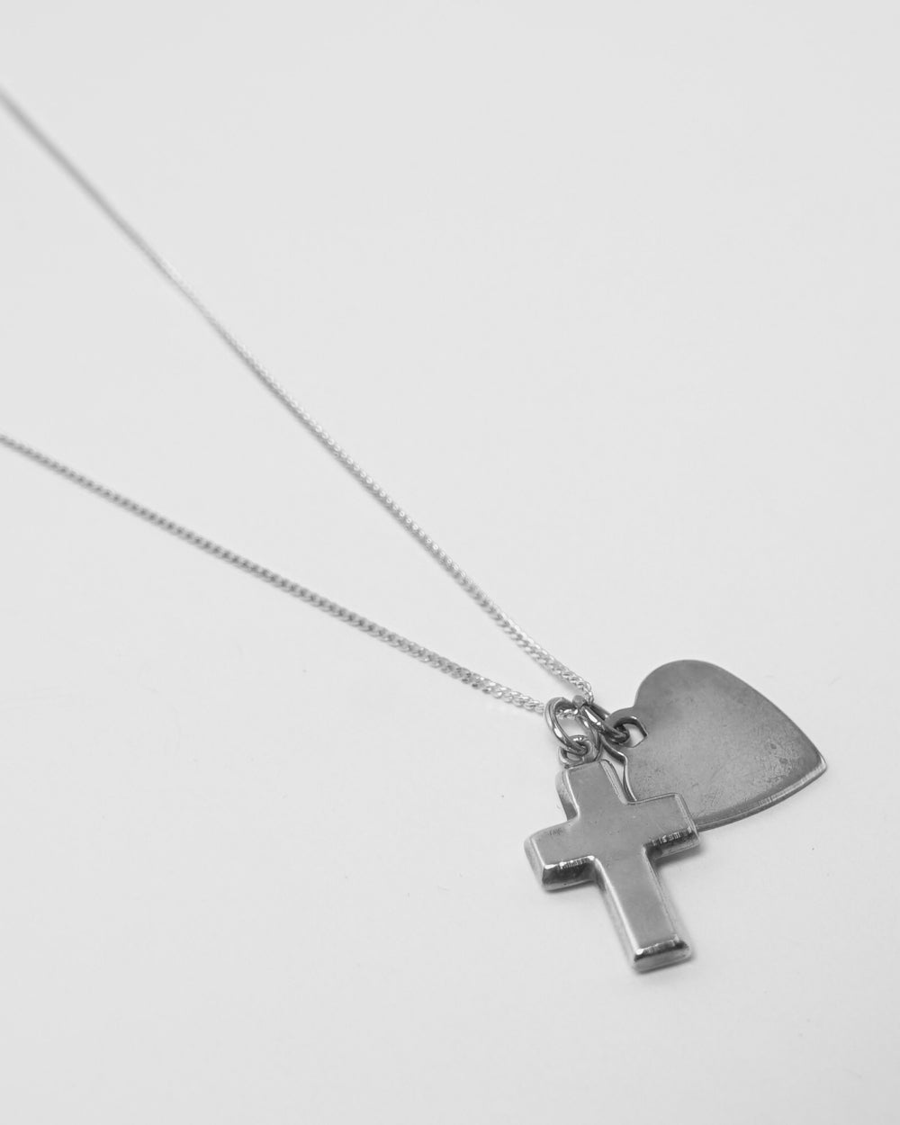 Silver Chain Necklace w/ Heart & Cross Charm