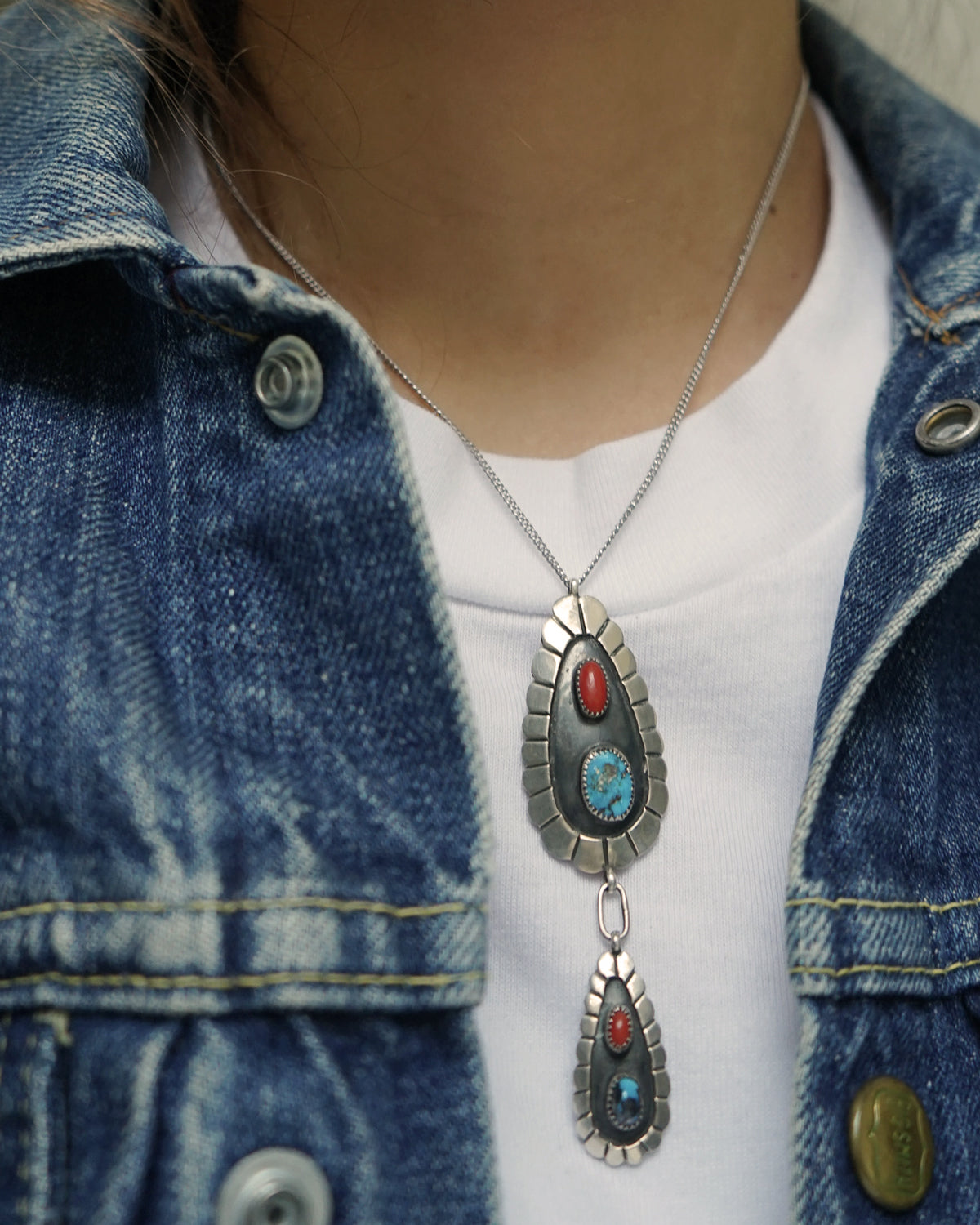 Silver Necklace w/ Turquoise & Red Coral