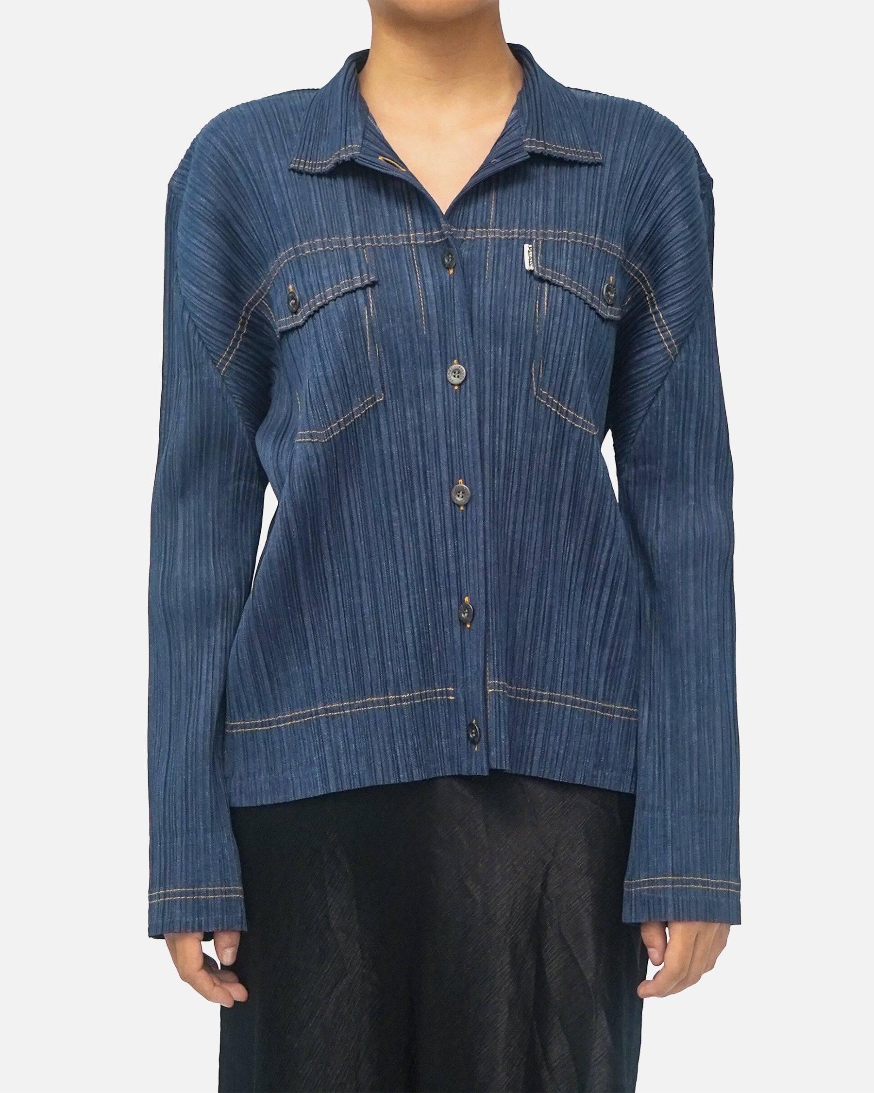 Issey Miyake Pleats Please Denim Print Pleated Shirt Rare Made in