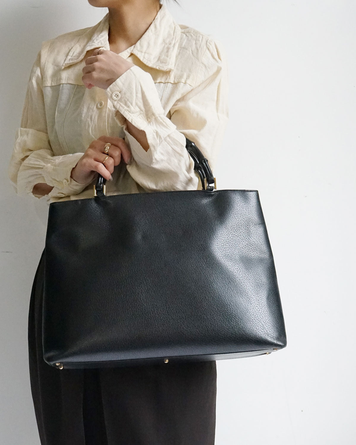 Leather Tote Bag w/ Bamboo Handle