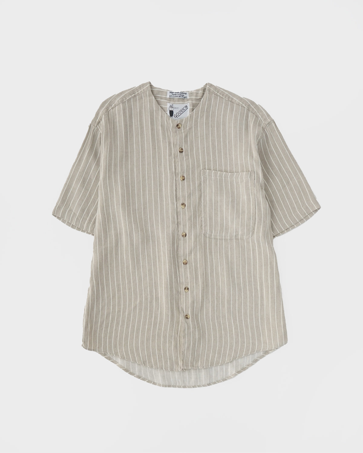 Washed Linen Collarless S/S Shirt / Stripe