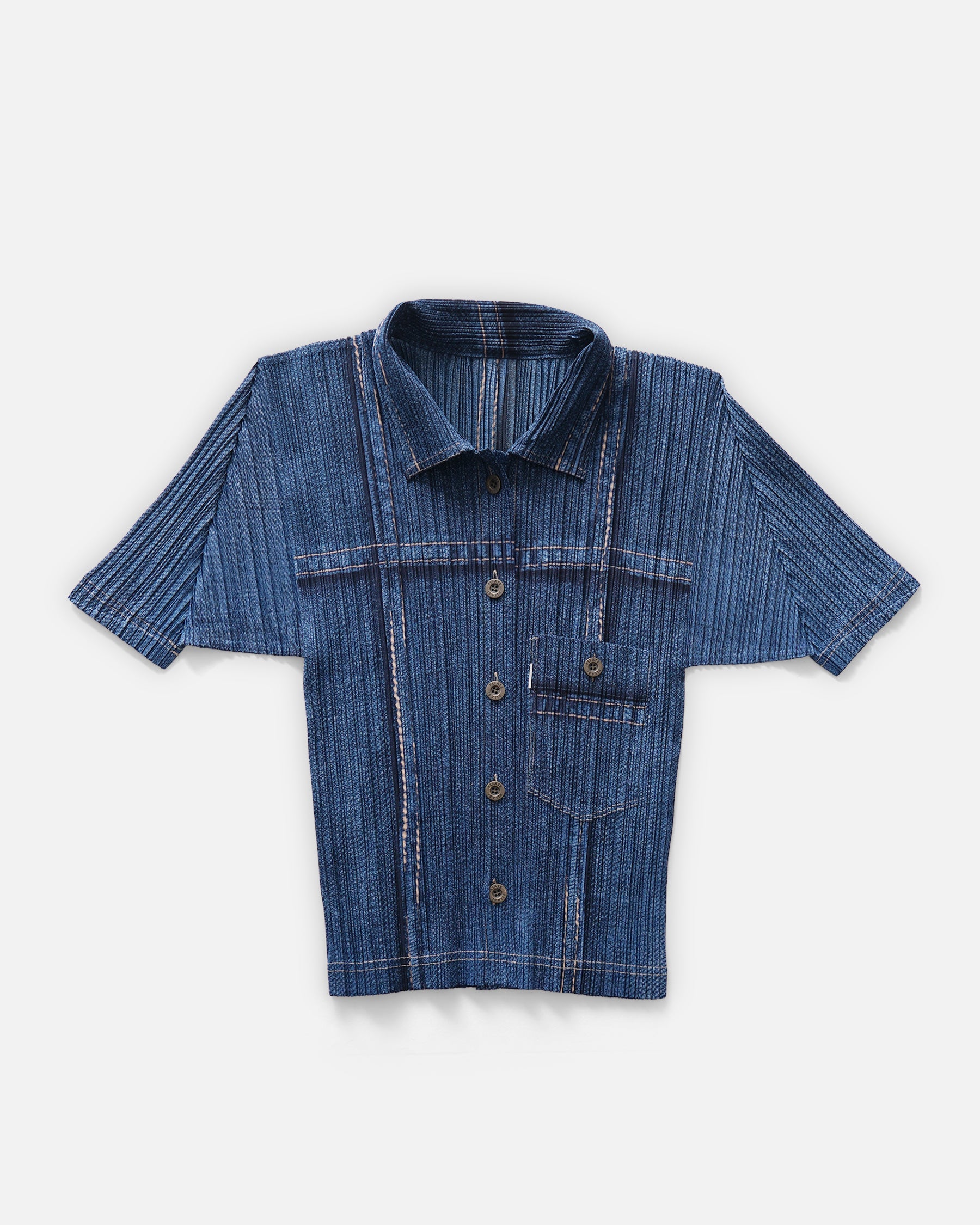 Issey Miyake Pleats Please Denim Printed S/S Shirt Rare Made in