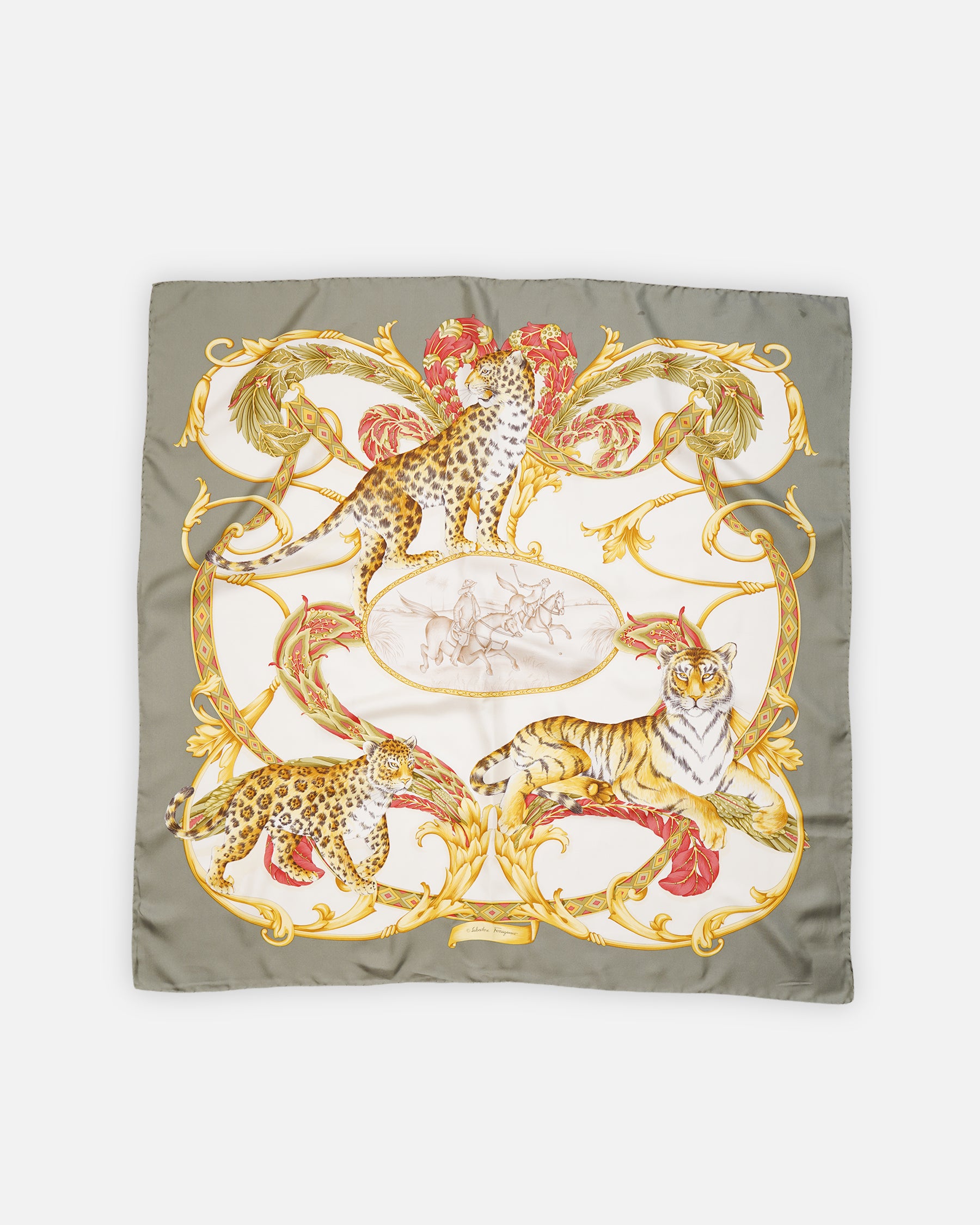 【美品】Salvatore Ferragamo 大判スカーフ シルク100% Salvatore Ferragamo Silk Scarf Made in Italy – Front General Store