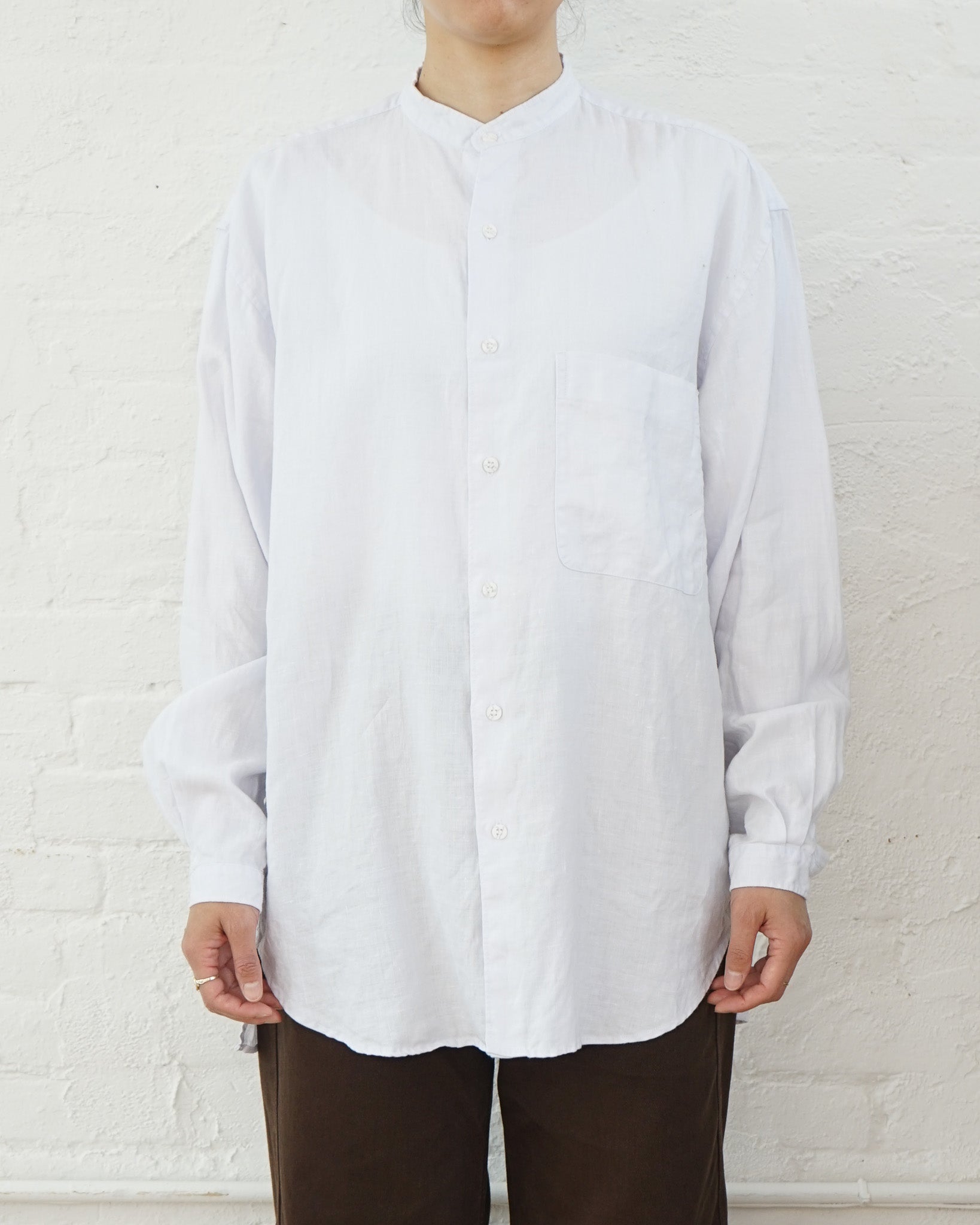Washed Linen Collarless L/S Shirt / White