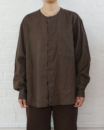 Washed Linen Collarless L/S Shirt / Brown