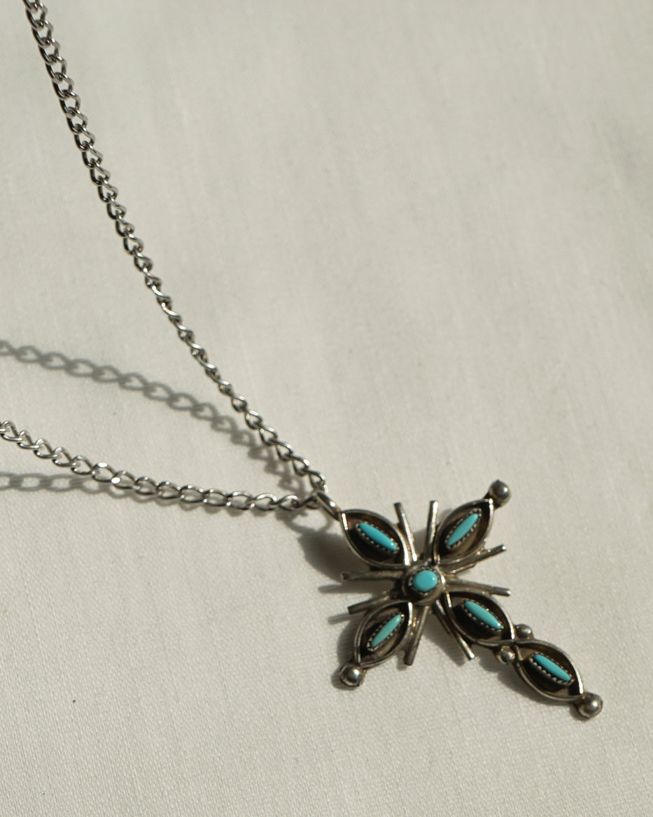 Silver Necklace w/ Silver x Turquoise Cross Charm