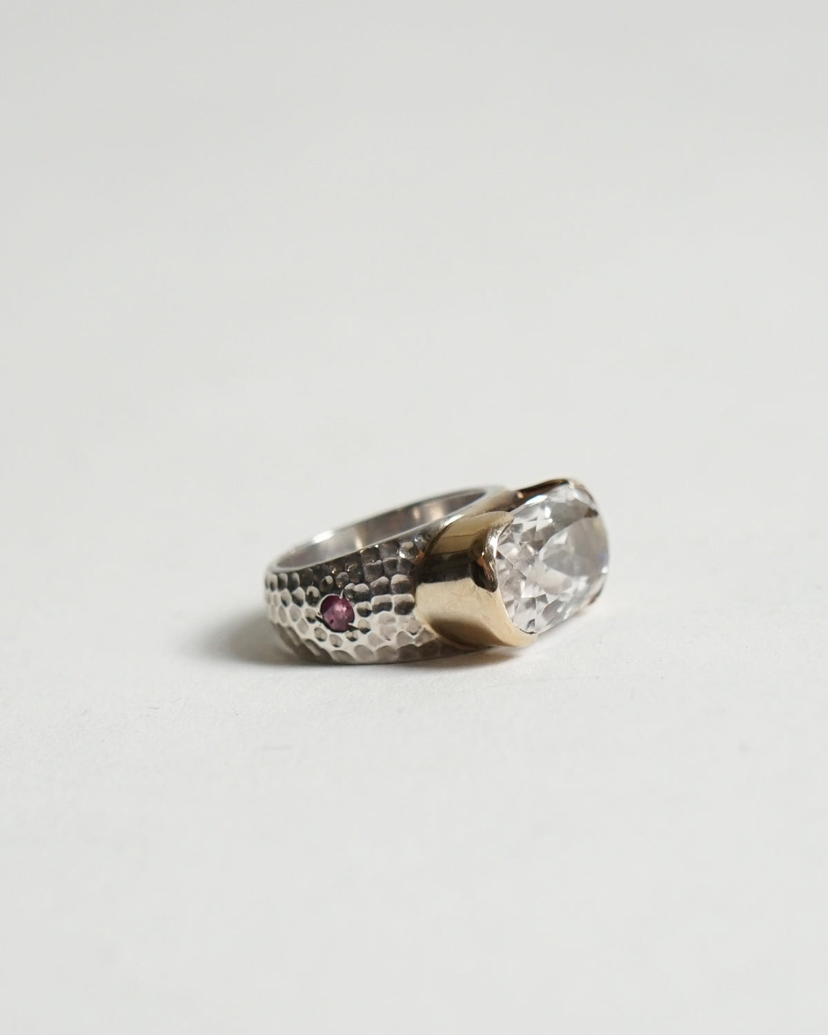 Silver x 18k Ring w/ Rock crystal & Ruby / size: 7.5