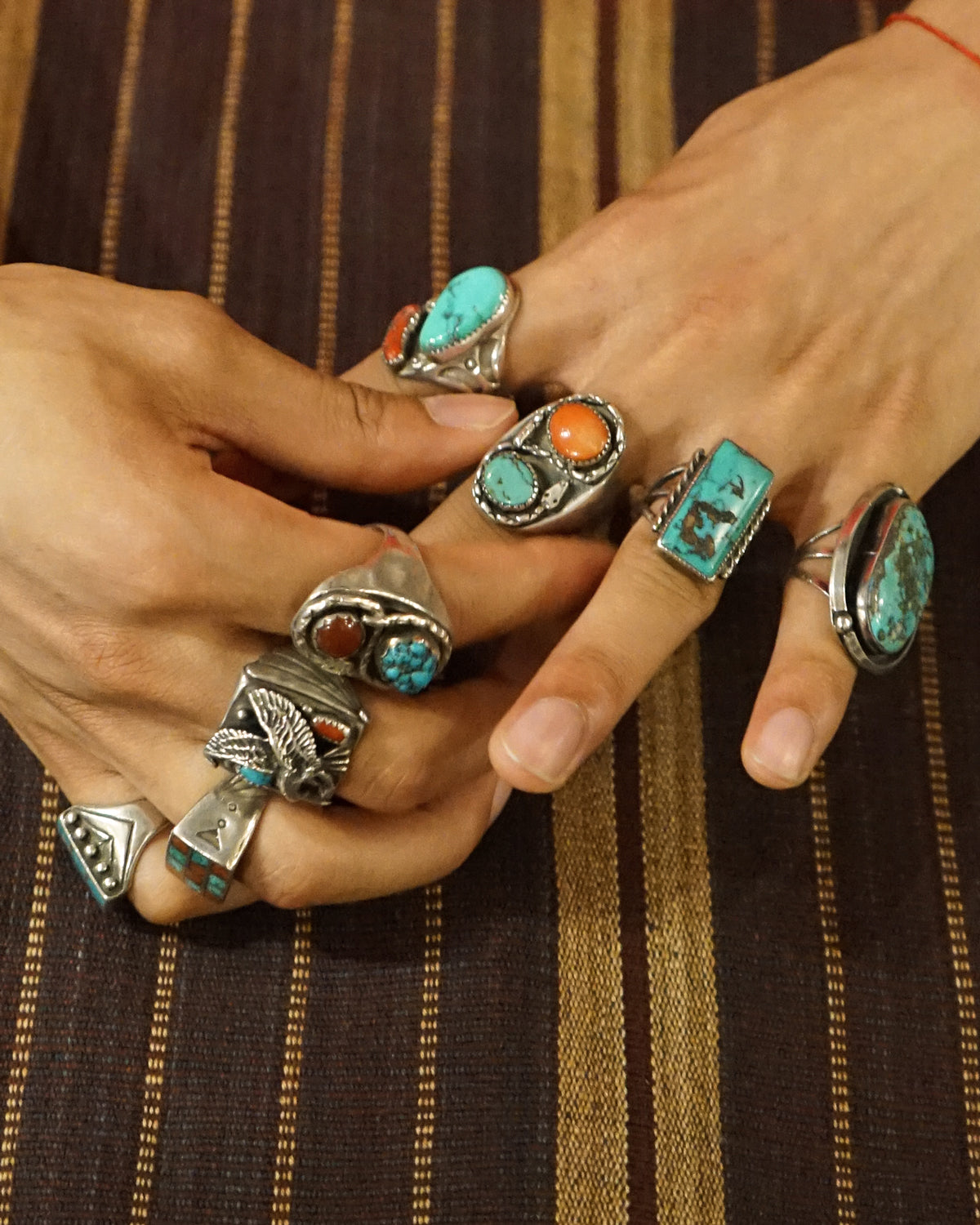 NAVAJO Silver x Turquoise / Red Coral Cast Ring / size: 11.5